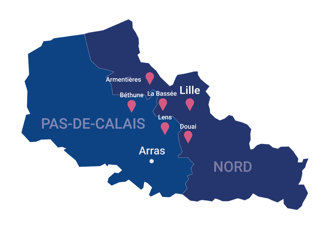 Carte des secteurs d'intervention de Serrurier Moos autour d'Armentières, Lille, Lens, Arras, Douai, Béthune et La Bassée